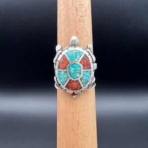 Native American Turquoise & Coral Inlay Turtle Ring
